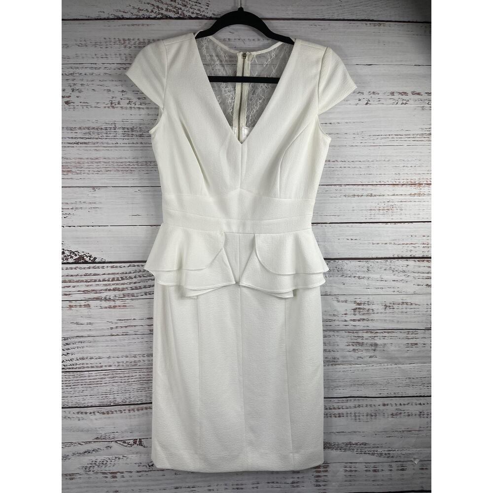 Antonio Melani Dress Women's 2 White Cap Sleeve Peplum Sheath Lace Back Elegant